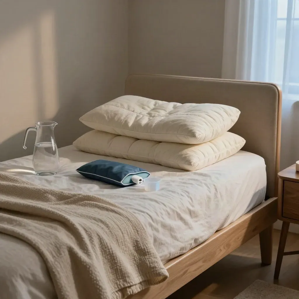 Empty bedroom recovery setup with wedge pillow, ice pack, meds cup and water pitcher by the bed.
