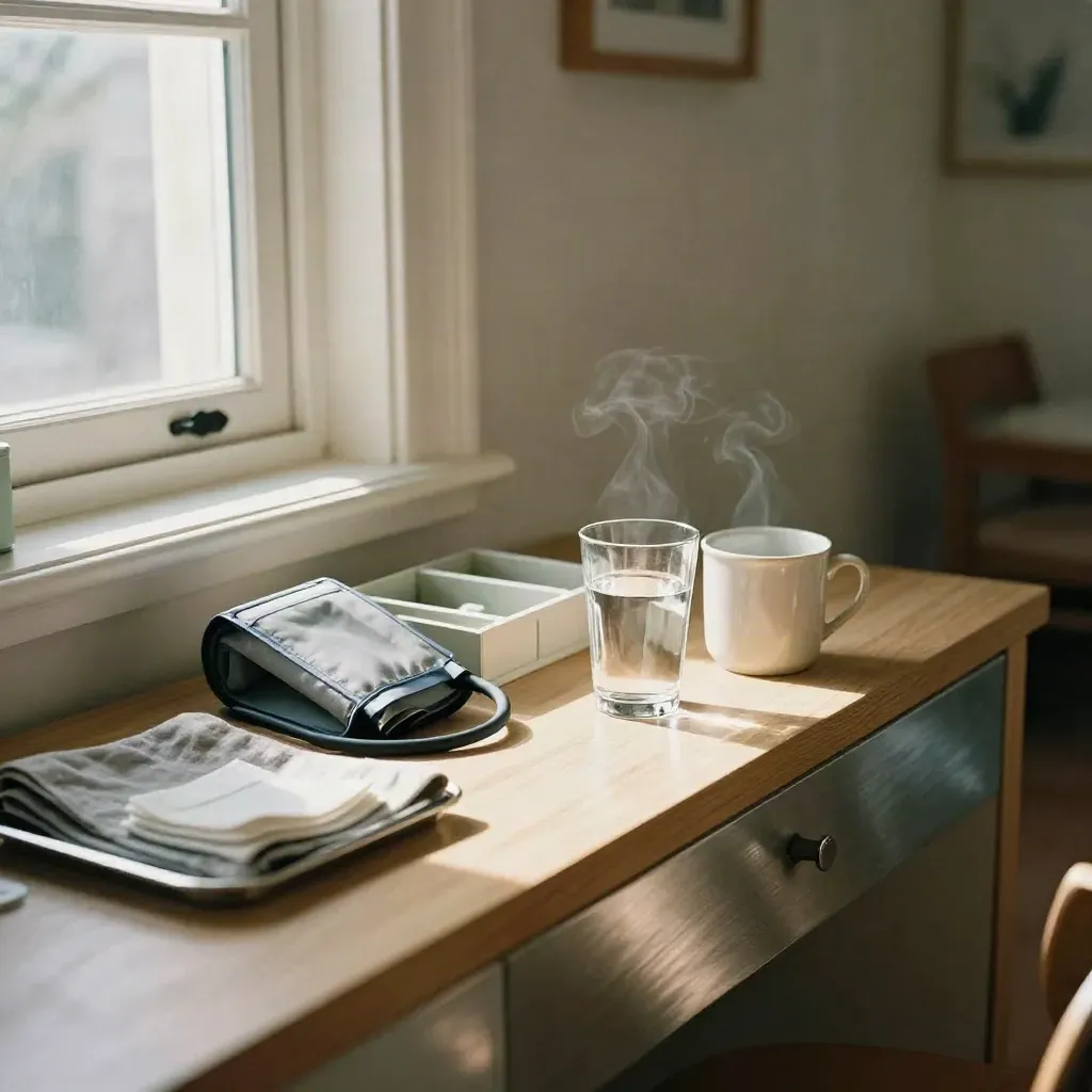 Sunlit home care counter with meds, cuff, water glass, mug, and sage linen by a window.