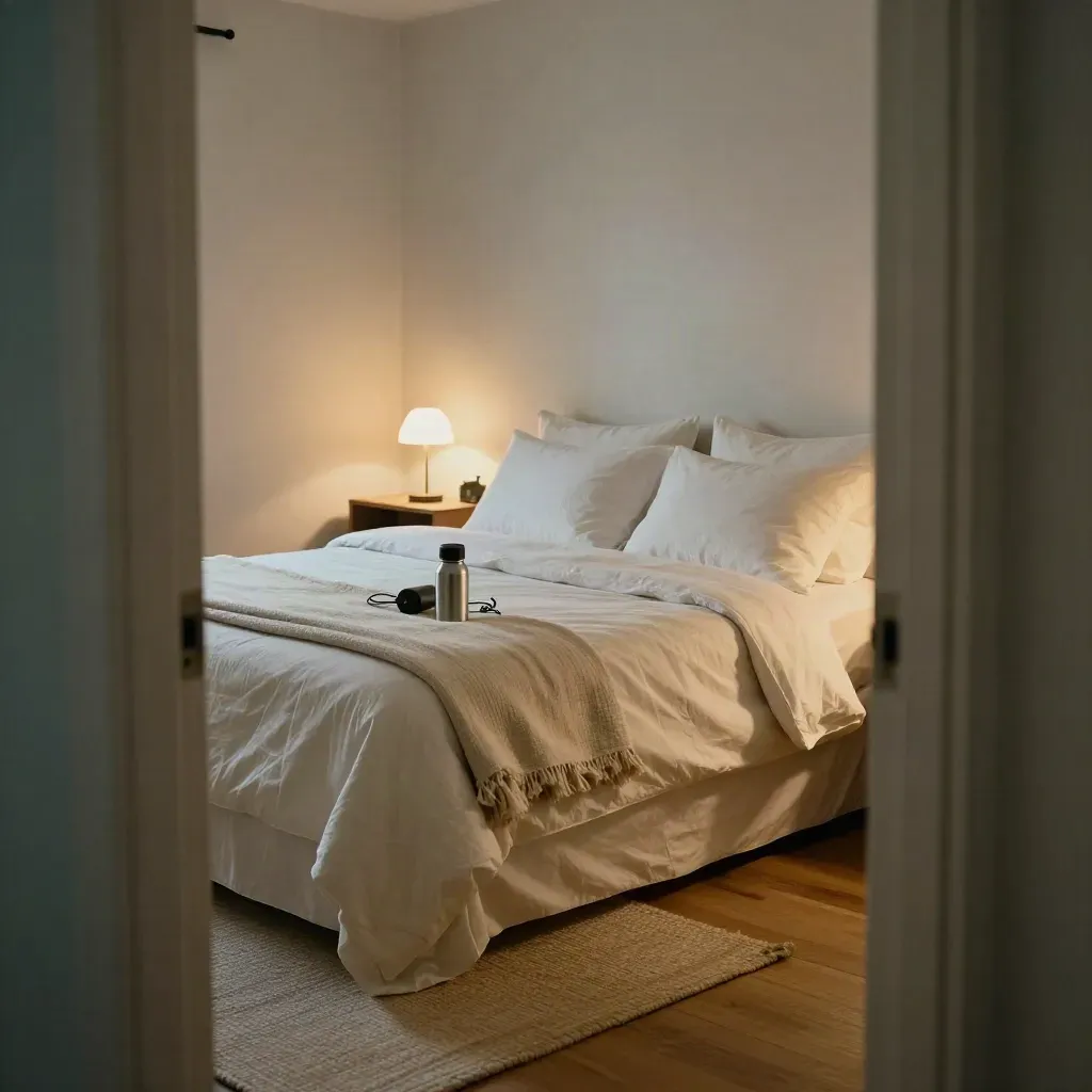 Guest-room overnight kit ready for night respite, lit by a soft lamp and evening quiet.