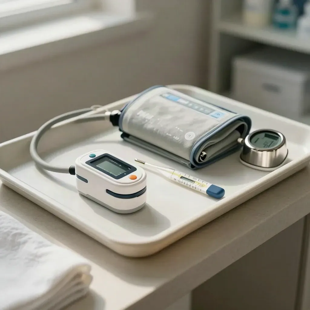 Overhead vitals tray with oximeter, cuff, thermometer, and timer on a stone table.