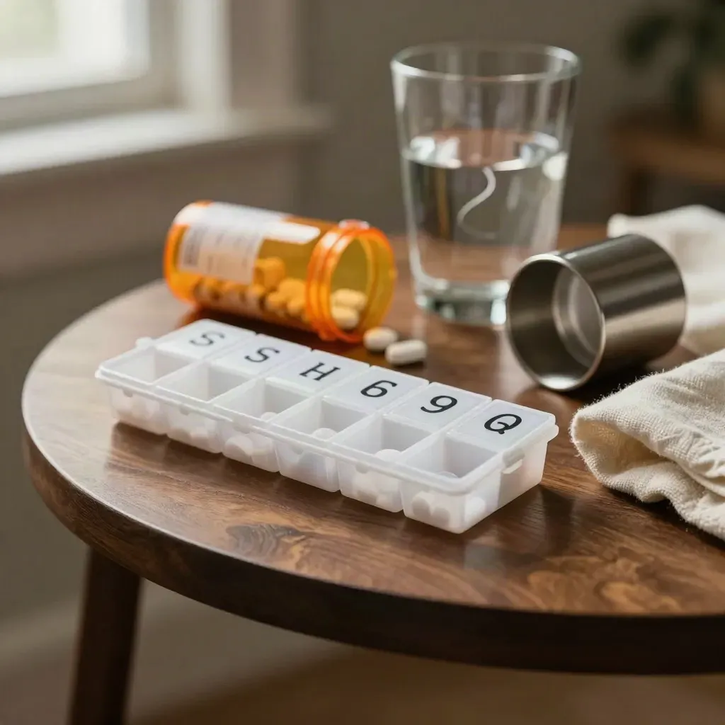 Macro of a pill organizer, amber bottle, water glass and pill cup on a walnut side table.