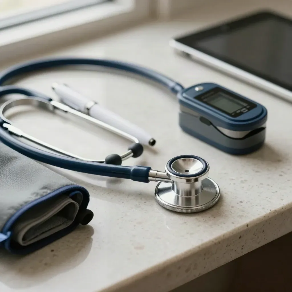 Macro still life of nursing tools on travertine with navy accents