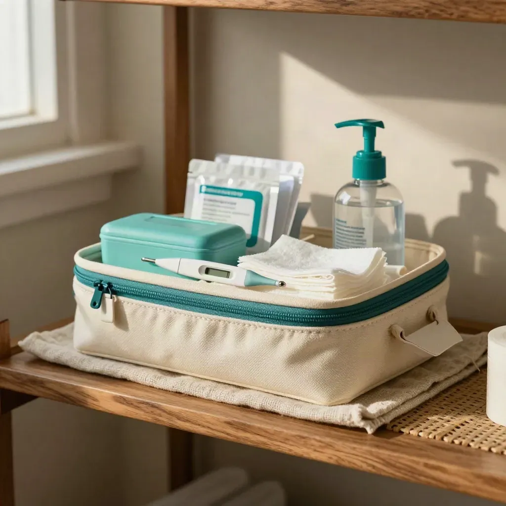 Home-care nurse kit on a linen shelf with gloves, swabs, gauze, tape, thermometer and sanitizer.