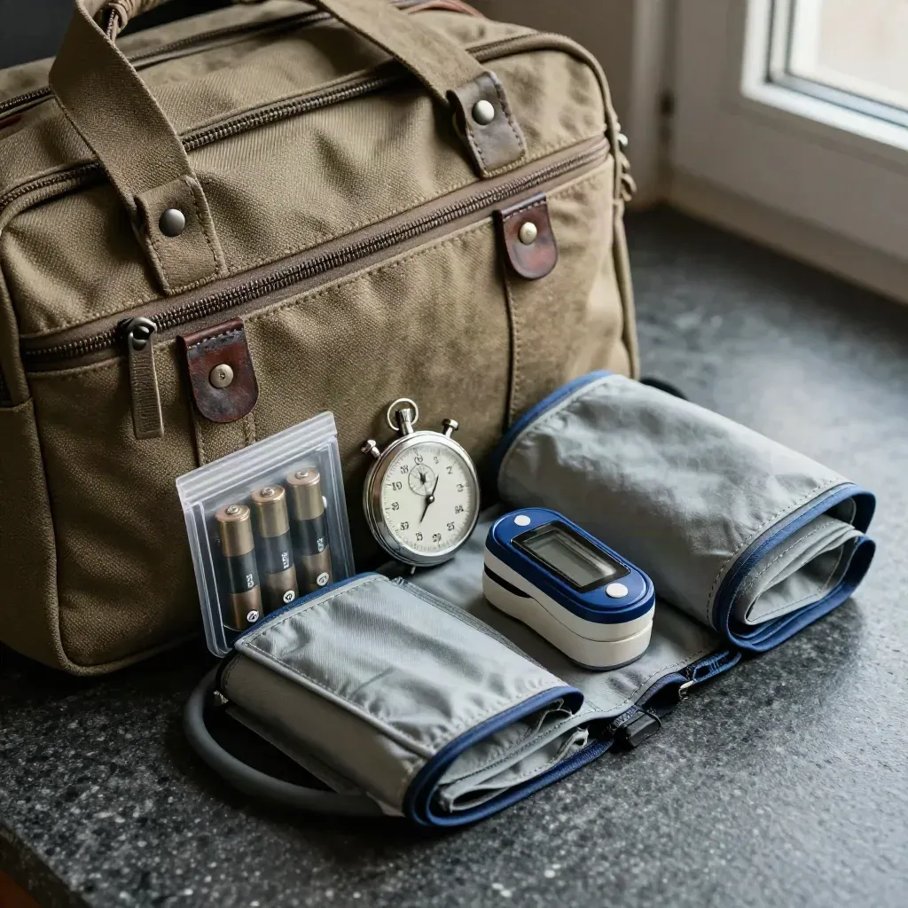 Field bag with nurse tools on dark stone, side-lit in a diagonal close-up