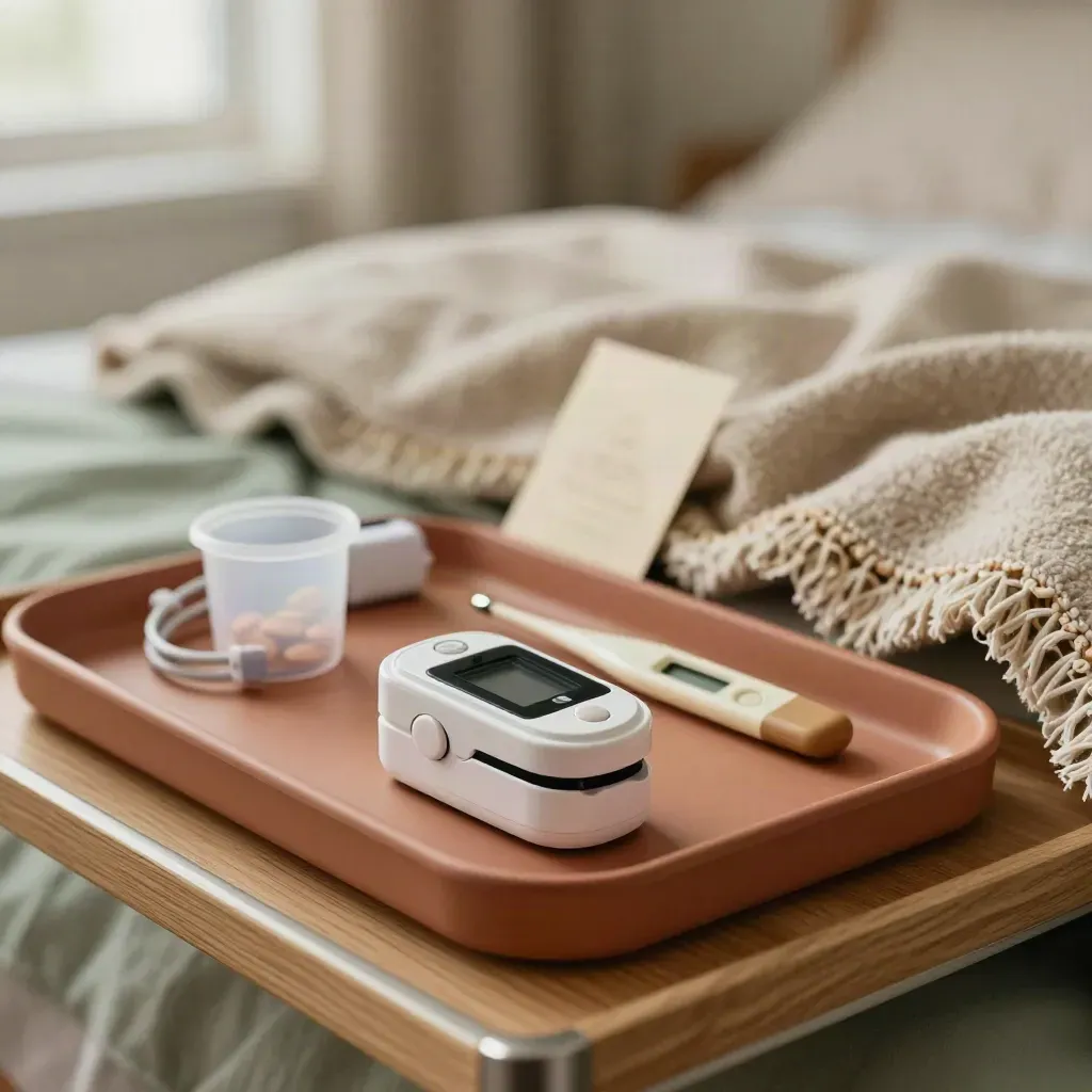 Respite care nurse kit with pulse oximeter, thermometer, pill cup and folded blanket on a bedside tray.