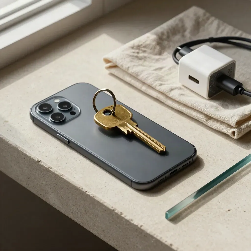 Smartphone, brass keys, and charger on a linen tray over pale stone.