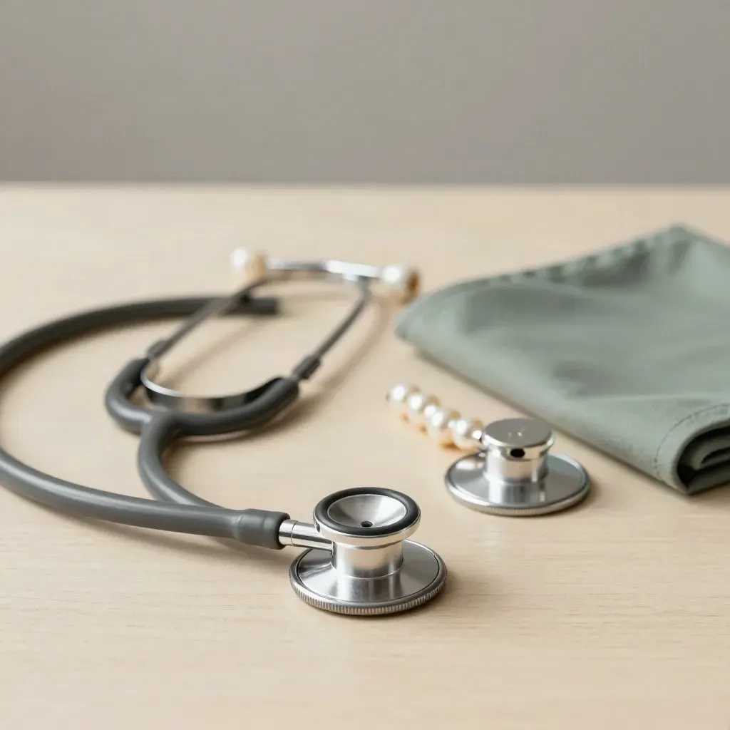 Two stethoscopes and a badge reel on pale wood, softly lit and arranged for nurse matching.