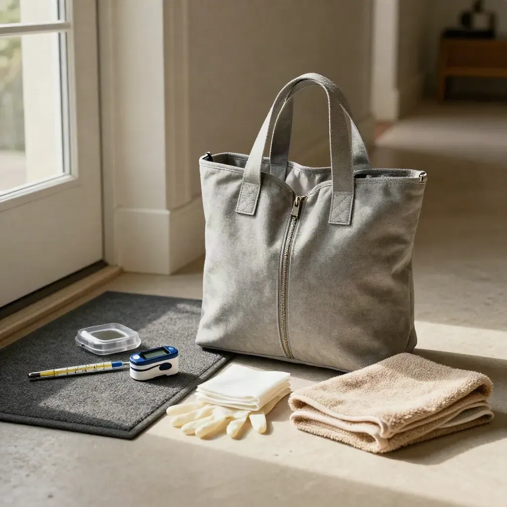 Home-care tote with medical supplies by a front door mat in soft daylight