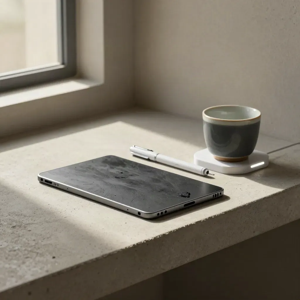 Closed tablet, penlight, charger dock and ceramic cup on pale stone in soft side light.