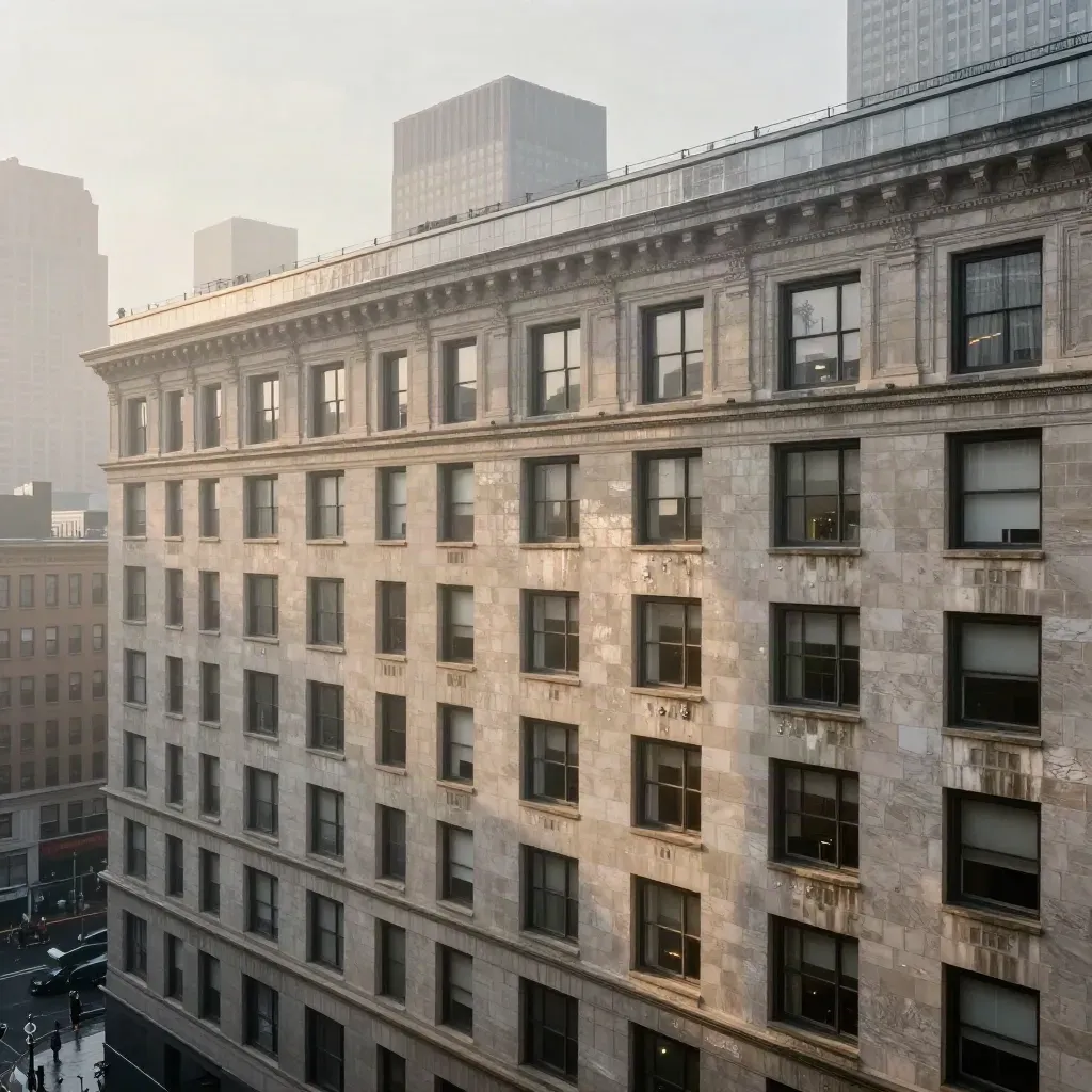 Manhattan limestone facades glowing at dawn above a calm wet stone field