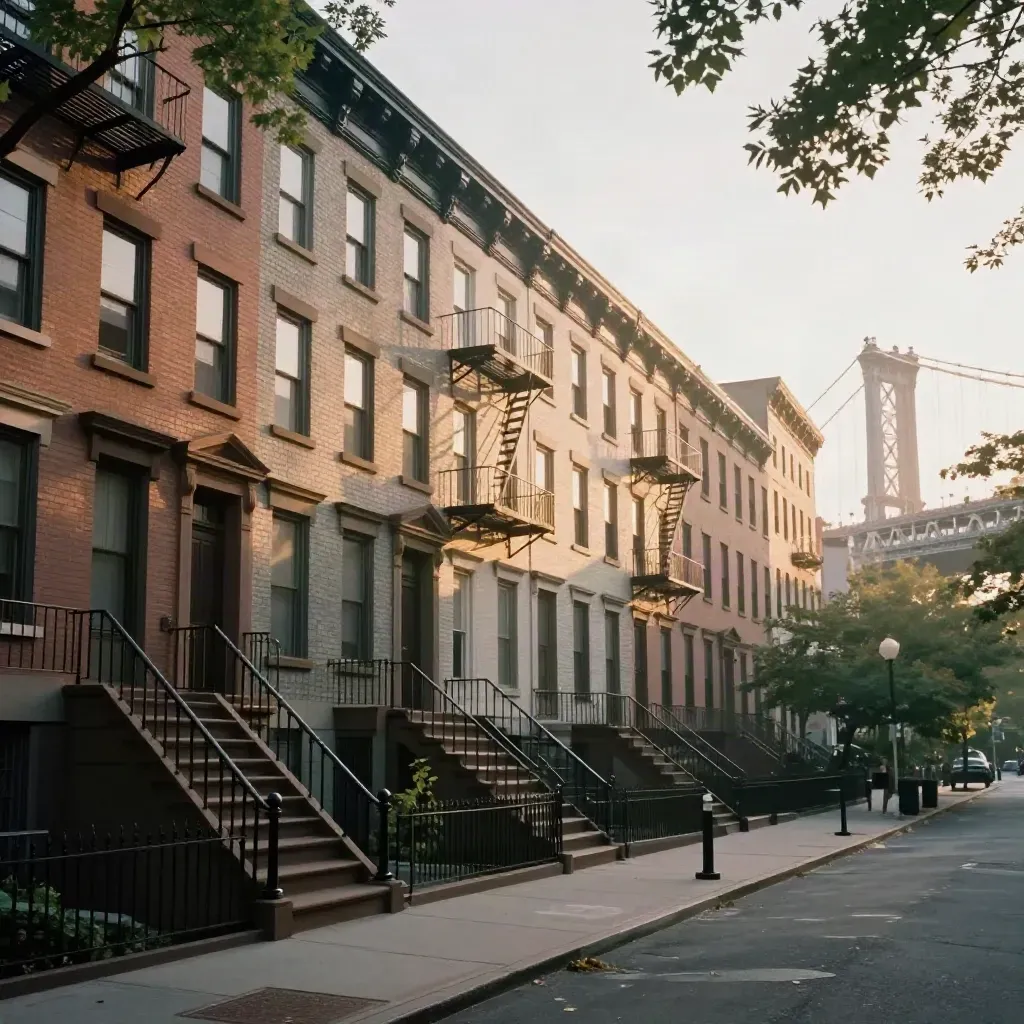 Golden-hour Brooklyn brownstones, stoops, trees, and a bridge span in soft haze.