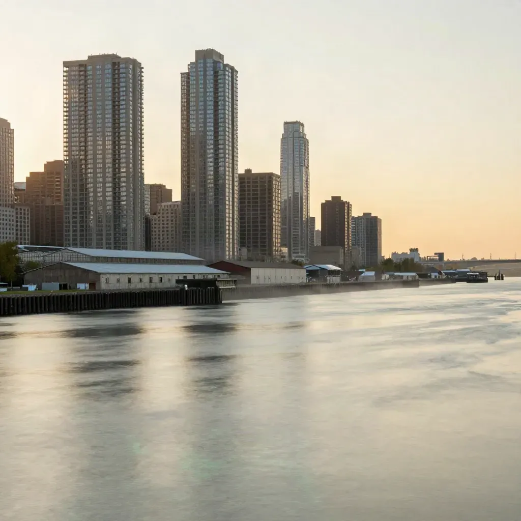 Queens waterfront towers and the East River in warm haze at golden hour