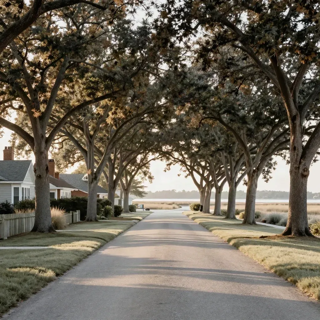 Tree-lined Nassau County avenue fades into a hazy coastal marsh under warm late-afternoon light