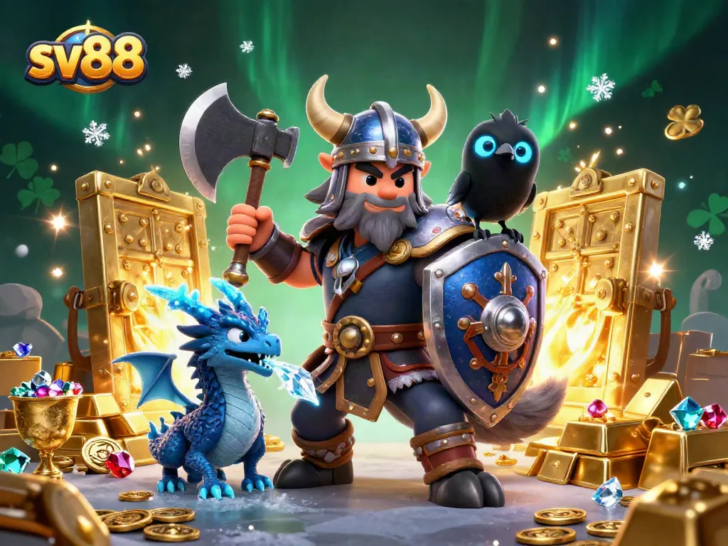 Experience thrilling wins at sv88 with a Viking warrior, dragon, and treasure in a vibrant casino adventure.