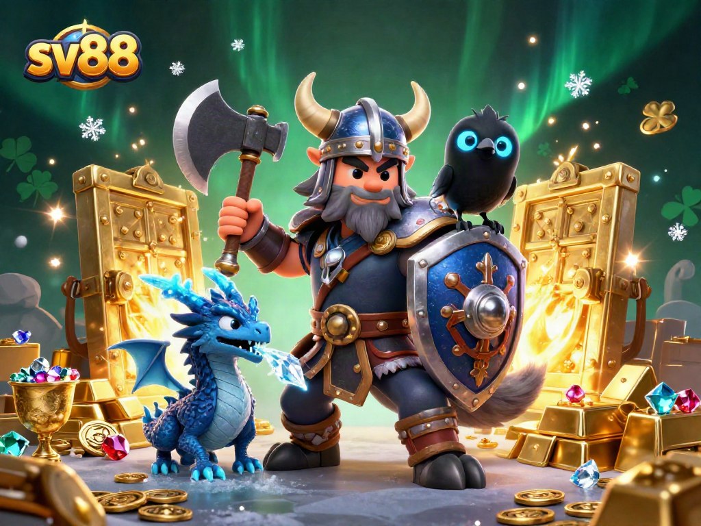 Experience thrilling wins at sv88 with a Viking warrior, dragon, and treasure in a vibrant casino adventure.