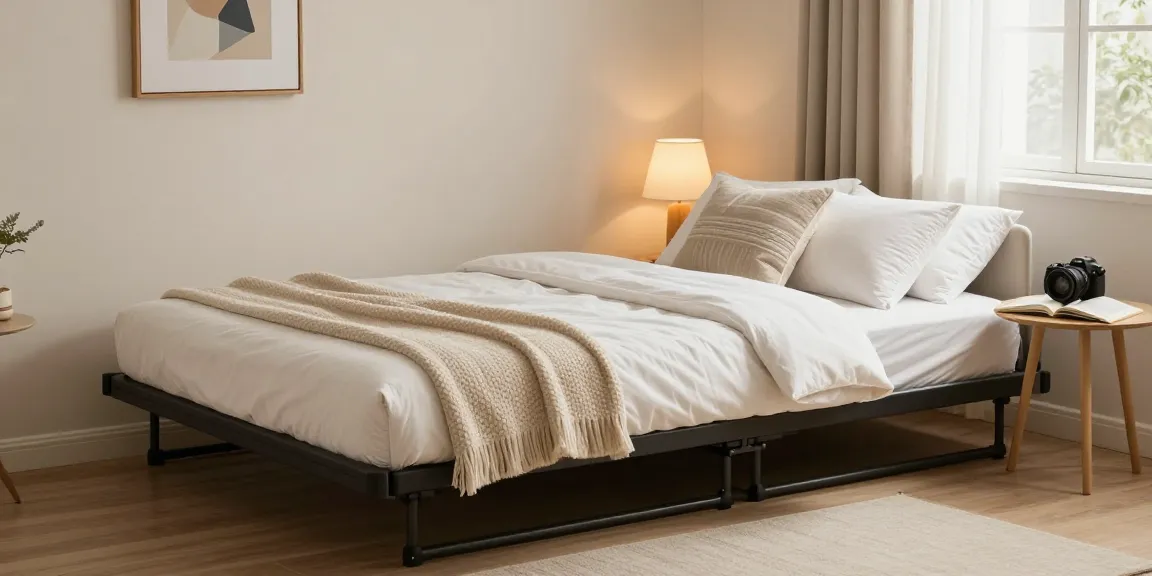 Comfortable rollaway bed setup in a stylish guest room with warm lighting.