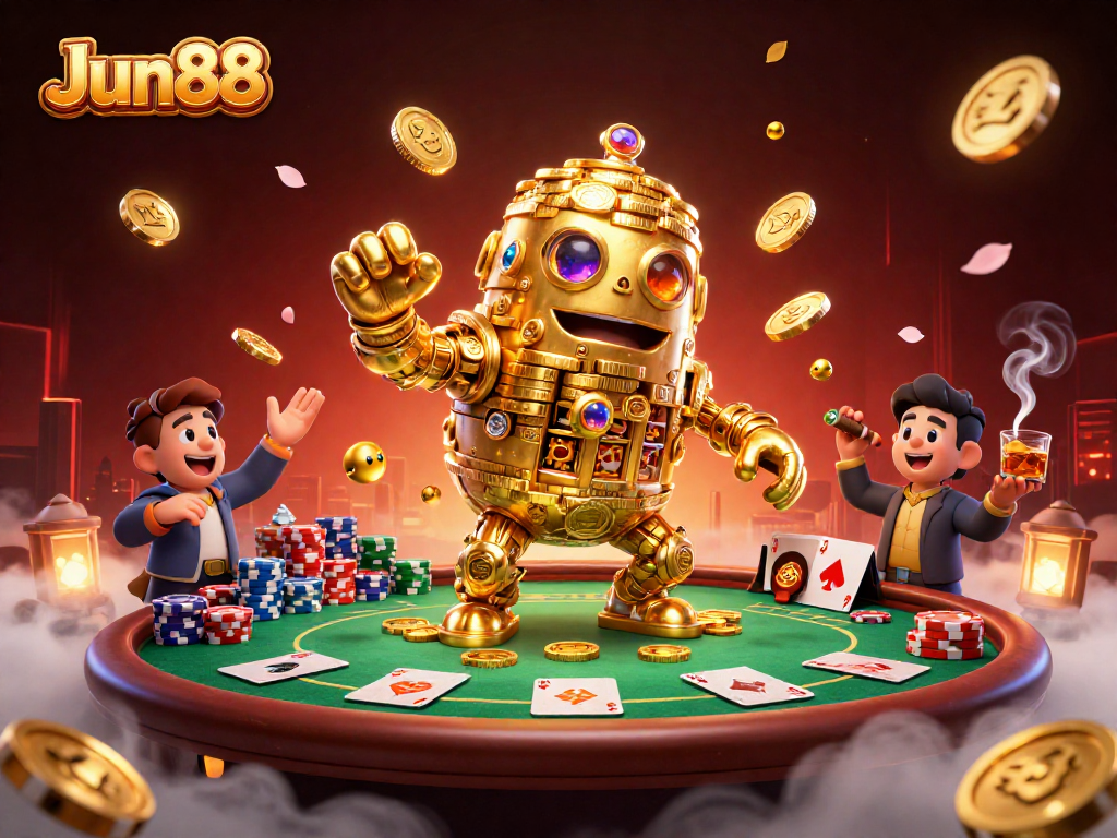 Engage with the excitement of Jun88 as a golden golem and poker elements create a vibrant casino experience.