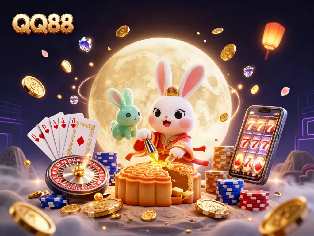 Experience thrilling wins at QQ88 with dynamic casino gameplay, poker chips amidst cascading coins.