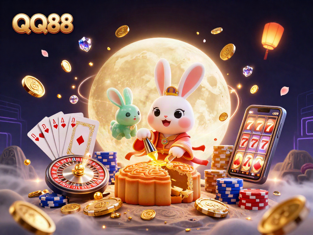 Experience thrilling wins at QQ88 with dynamic casino gameplay, poker chips amidst cascading coins.