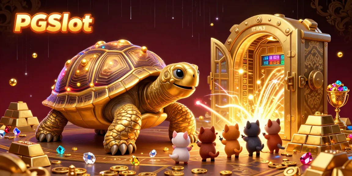 Experience the thrill of PGSlot as joyous players engage with a colossal golden tortoise pinball machine amid glowing treasures.