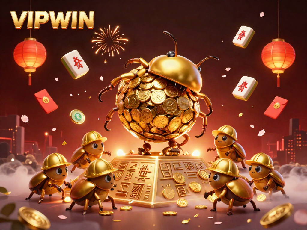 Experience VIPWIN's thrilling action with golden beetles rolling coins in a vibrant casino scene.
