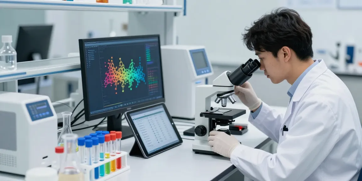Scientist examining peptide samples with peptide pricing data in a modern lab.