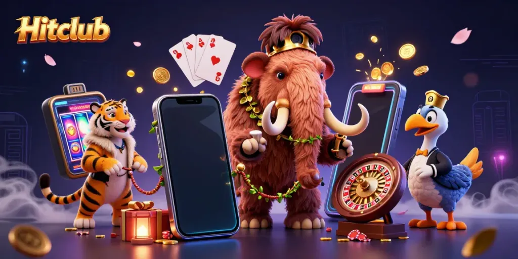 Hitclub casino features a woolly mammoth bouncer, saber-tooth tiger VIP, and casino elements swirling around.