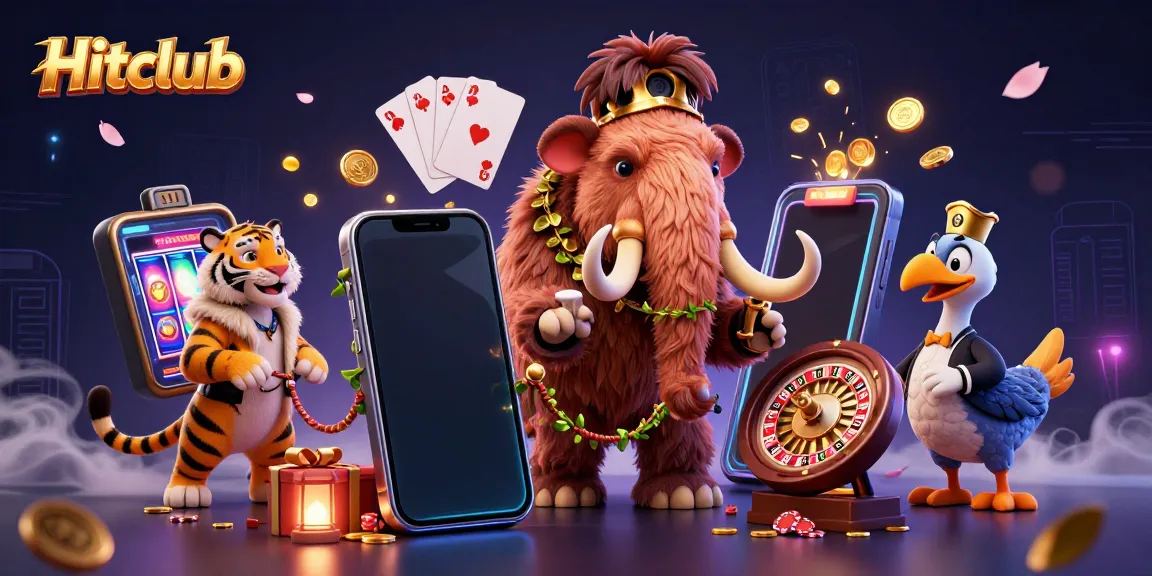 Hitclub casino features a woolly mammoth bouncer, saber-tooth tiger VIP, and casino elements swirling around.