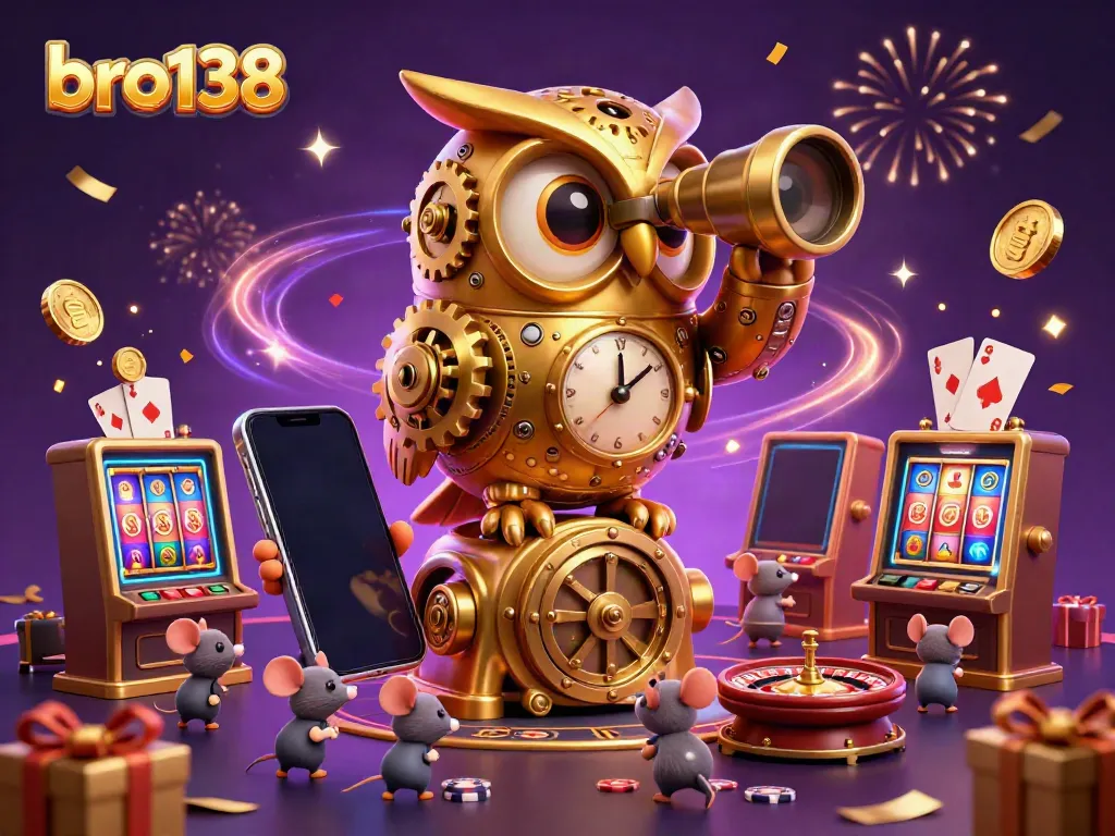 Experience dynamic gameplay at bro138 with a whimsical clockwork owl and vibrant casino elements.