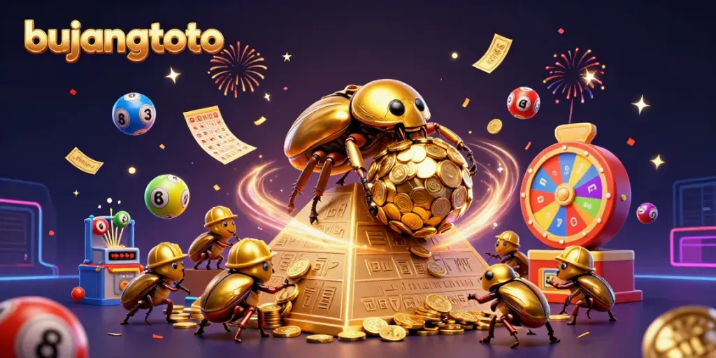 Engage with bujangtoto through a vibrant 3D casino-themed illustration featuring lively characters and elements.