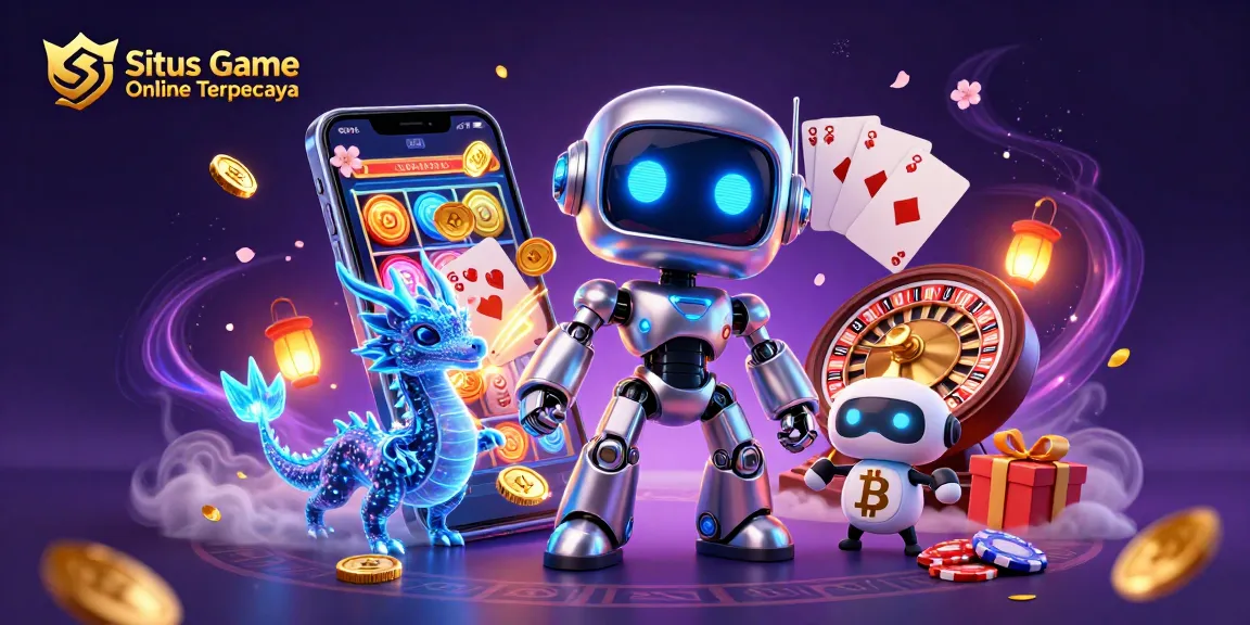 Situs Game Online Terpercaya showcases a vibrant 3D illustration with a cyberpunk robot and game elements