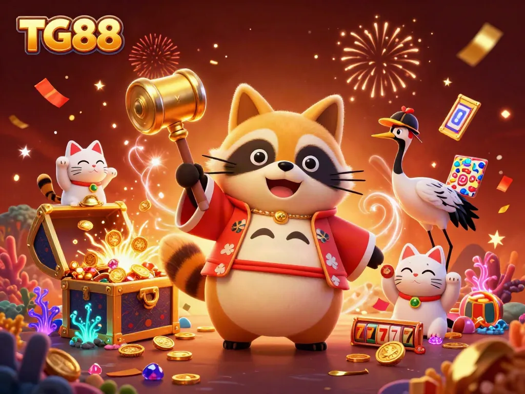 Experience vibrant gaming with TG88 as a lucky tanuki celebrates big wins amid colorful casino elements.