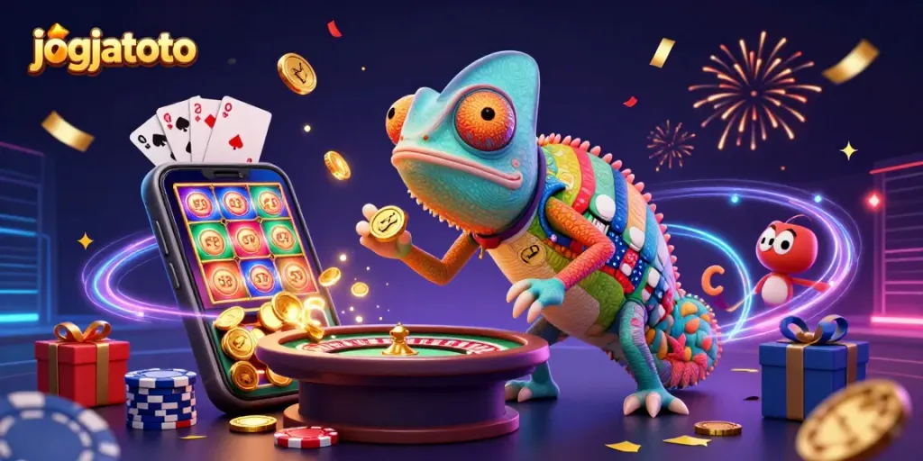 Join the excitement with jogjatoto as the chameleon casino owner captivates players in a vibrant slot showcase.