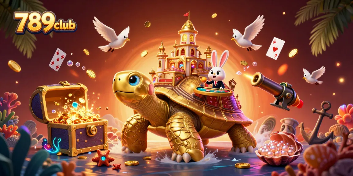 Experience thrilling gameplay at 789club with a vibrant illustration showcasing a golden tortoise casino scene.