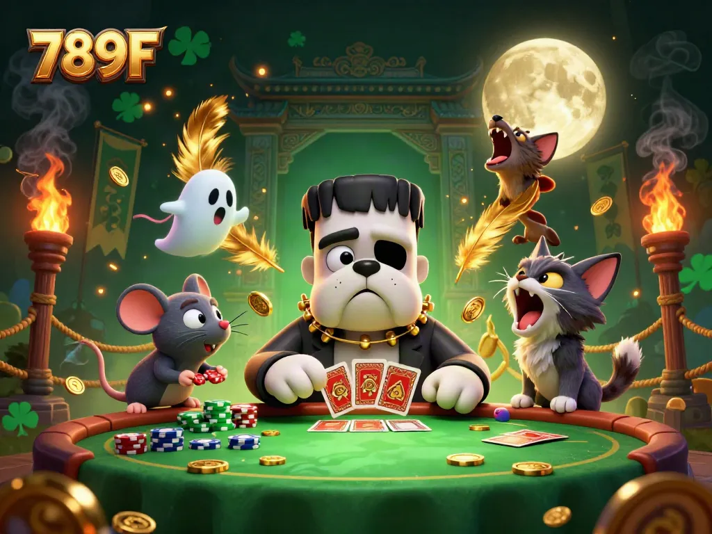 Engage in high-stakes thrills at 789F, where a Frankenstein bulldog dealer and ghost mouse add excitement to the casino.