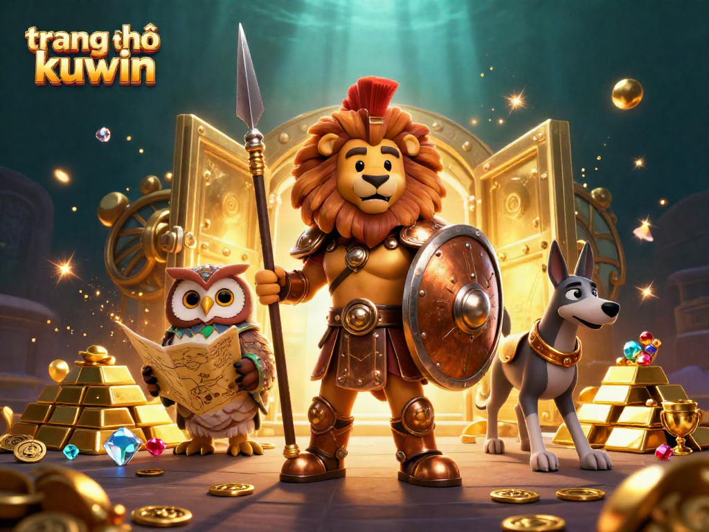 Engage with exciting gameplay at trang chủ kuwin, illustrated with vibrant 3D characters and treasures.