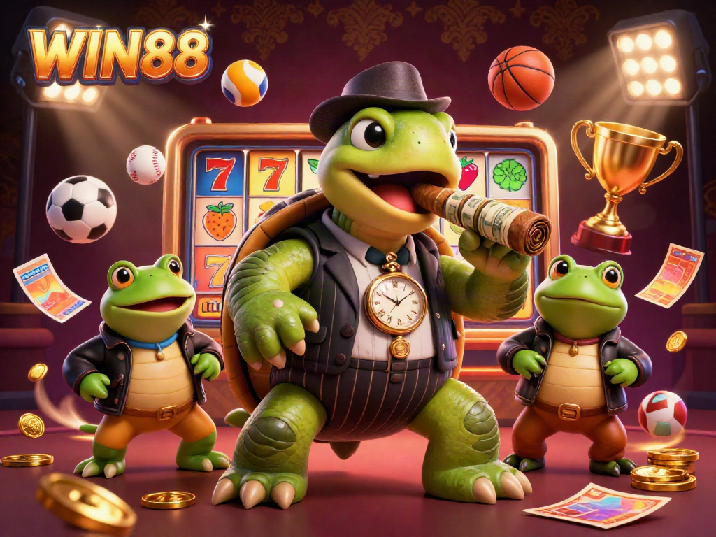 Experience the excitement of WIN88 with a vibrant casino-themed 3D illustration featuring characters and dynamic elements.