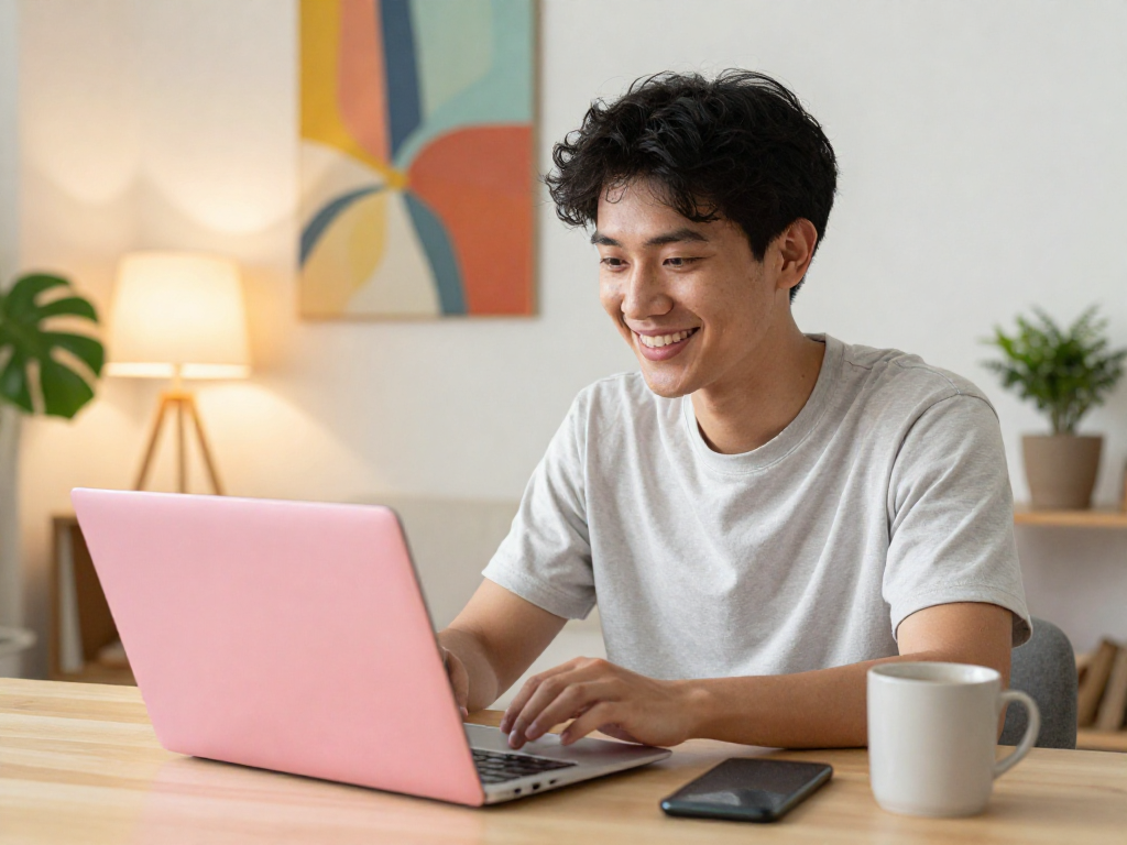 Engaging in a pink live chat in a cozy home setting, showcasing real-time communication and connection.