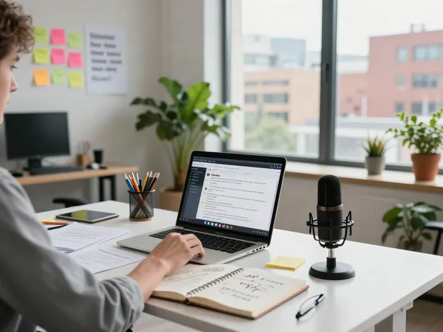 Professional workspace with a copywriter using an online AI copywriter to create engaging content in a bright office environment.