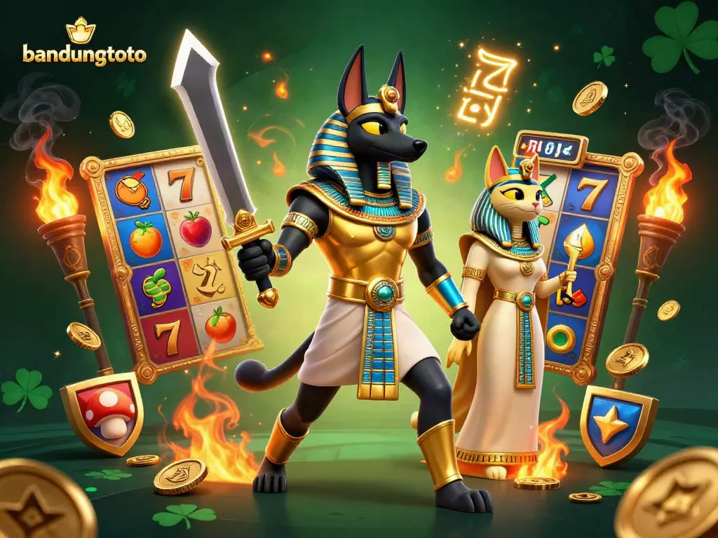 Engage in thrilling gameplay with bandungtoto featuring Anubis and Bastet in a vibrant casino scene.