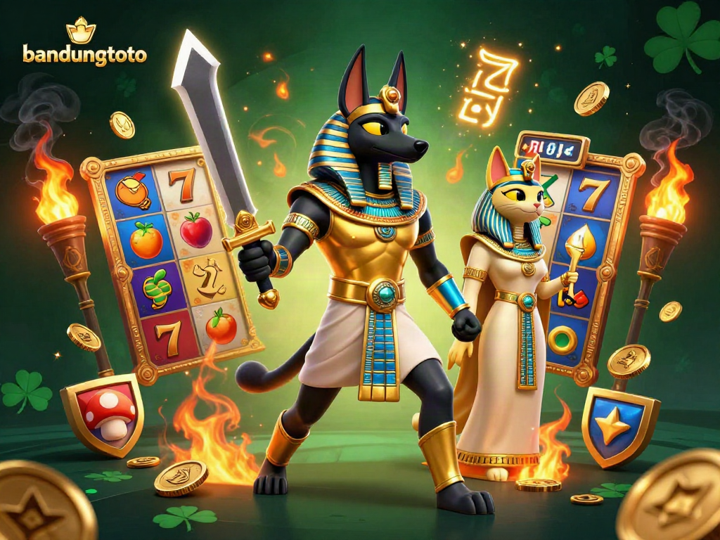 Engage in thrilling gameplay with bandungtoto featuring Anubis and Bastet in a vibrant casino scene.