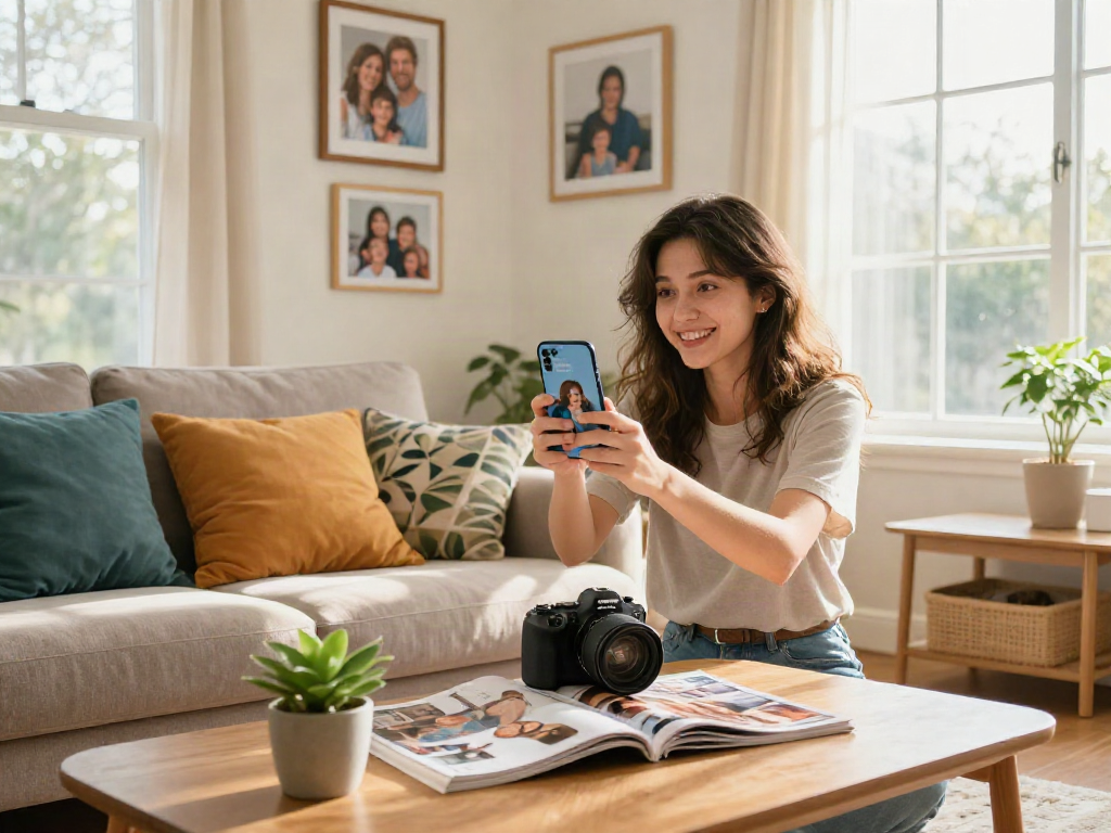 Young woman curious about how old do I look, smiling with a smartphone in her cozy living room.