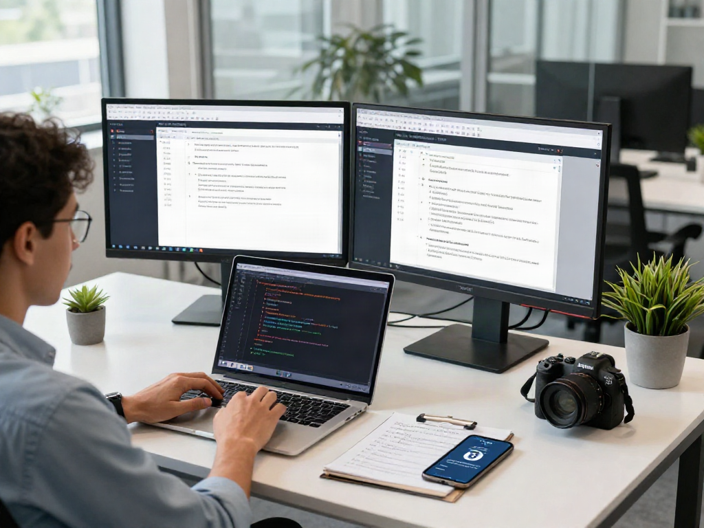 Document fraud detection workspace with cybersecurity analyst using software to verify document authenticity.
