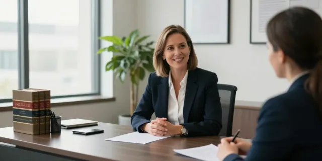 Karen McCleave lawyer engaged in a client meeting in her modern office.