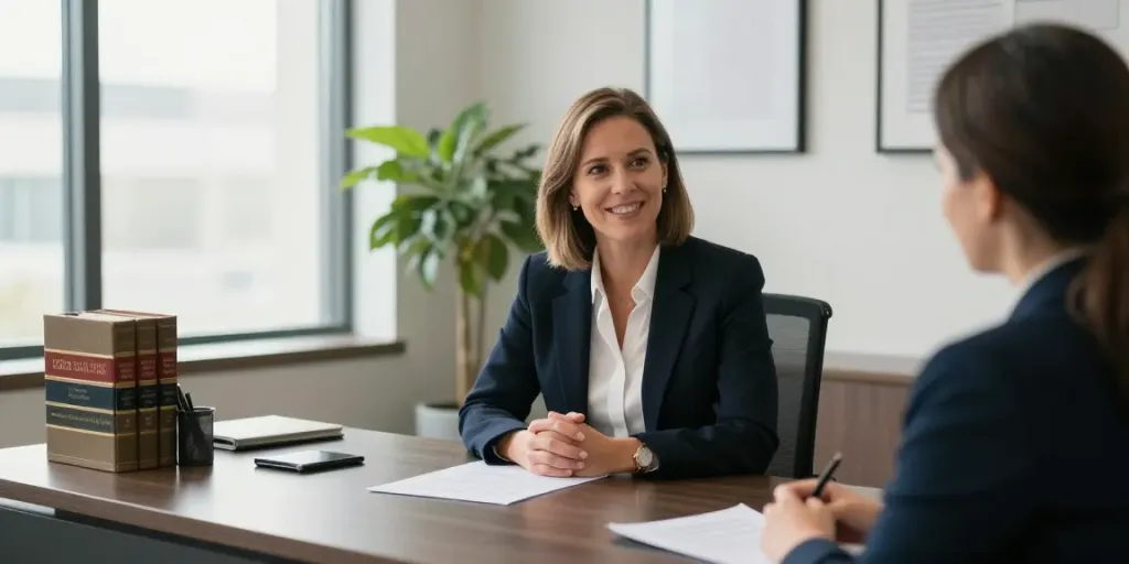 Karen McCleave lawyer engaged in a client meeting in her modern office.