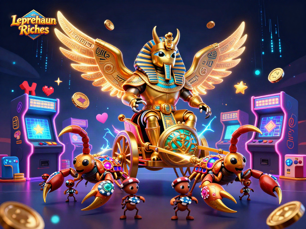 Leprechaun Riches slot game illustration with vivid characters, arcade machines, and casino elements.
