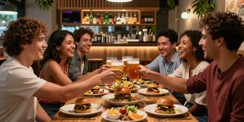 Suasana makan malam di https://thekegroomnyc.com/ dengan teman-teman, menikmati hidangan lezat dan bir kerajinan.