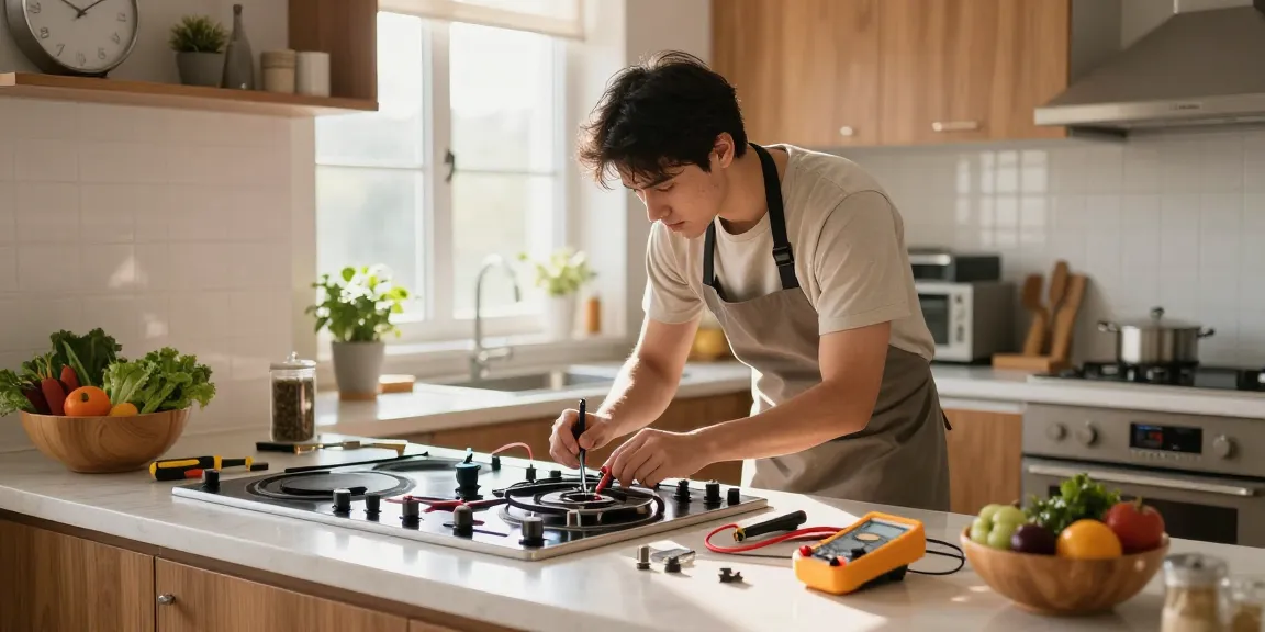 Electric stove repair process in a bright kitchen, featuring tools and fresh ingredients.