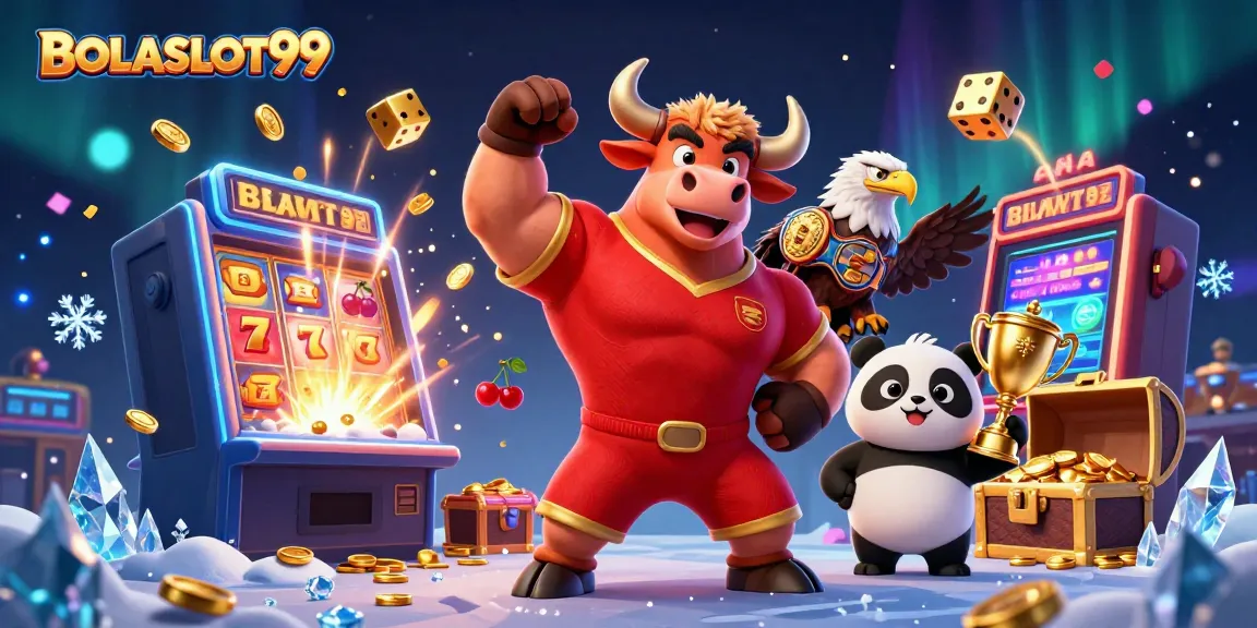 BOLASLOT99 showcases a victorious bull mascot, eagle, and panda amidst a jackpot celebration in the casino.