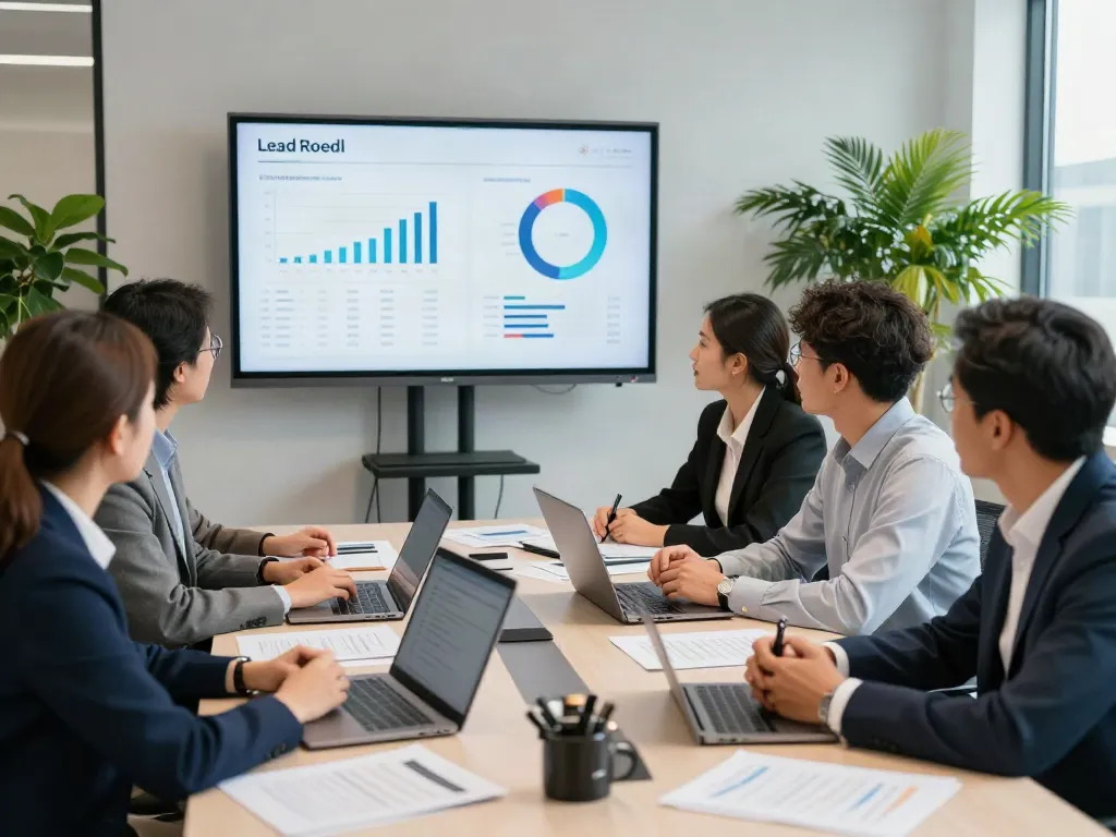 Lead Roedl team collaborating on business strategy in a modern conference room with dynamic visuals.